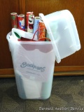 Rubbermaid wrapping paper holder filled with wrapping paper and such. Tote is approx 33