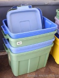 Four Rubbermaid Roughneck totes, all have lids. Could be cleaned but look to be in good condition.