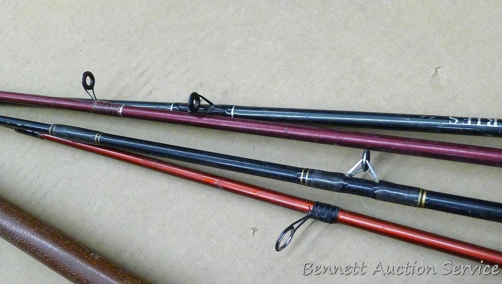 3 Zebco fishing poles, longest is 6'; and