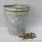 Vintage maple sap bucket includes 12 antique cast iron spiles. Bucket is approx 11