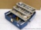 3 Tray plastic tackle box filled with hex wrenches, nuts, bolts, drills, sockets and more. Measures