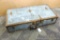 Antique carp enterer's chest has a saw holder and moving tool holder. Galvanized clad chest is about