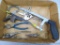 Pair of needle nose, regular, wire cutter pliers, hack saw and more.