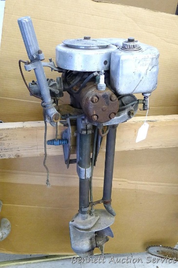 Antique 2 cylinder outboard motor, Model CB35a or CB33a, Serial No. L74888. Has aluminum gas tank,