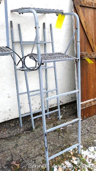 Single person platform tree stand. Ladder is approx 12', and it is about 19" wide.