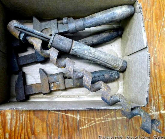 Antique wooden handled mechanics wrenches, 1-1/4" wood bit, more. Largest wrench is 12" long.
