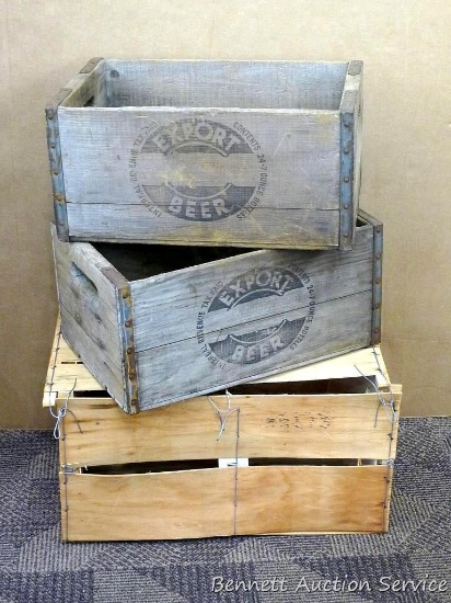 Two wooden Rhinelander Export Beer crates, and a produce crate. See pics. Beer crates are about 16"