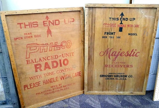 Two wooden crate panels have nice graphics. Measure 29" x 41" and advertise Philco Balanced Unit