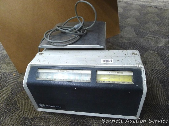 Vintage Pitney Bowes post office scale is about 18" x 18" x 10" tall. Untested.