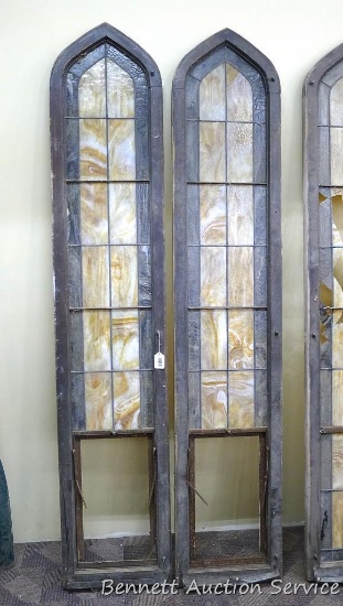 Two wonderful stained glass church windows are about 1-1/2' x 93". See pictures for condition.