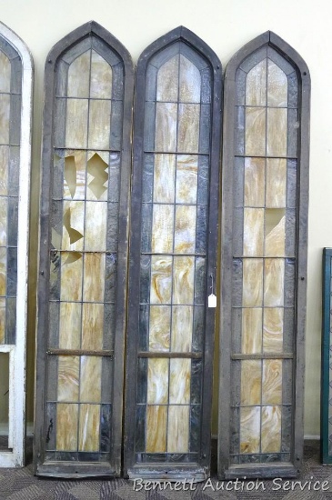 Three wonderful stained glass church windows are about 1-1/2' x 93". See pictures for condition.