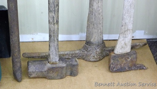 Pry bar is about 60" long, sledge hammer, pic, more. Handles are loose, would look good on our wall.