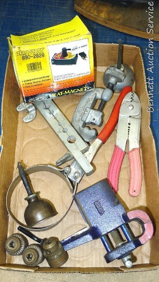 Zero start Super Heat magnet is model No 890-2828, bench vise with 3" jaws, oil filter wrench, more.