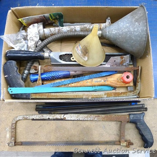 10" Stanley surform rasp, flexible funnel, paint scrapers, hack saw, more.