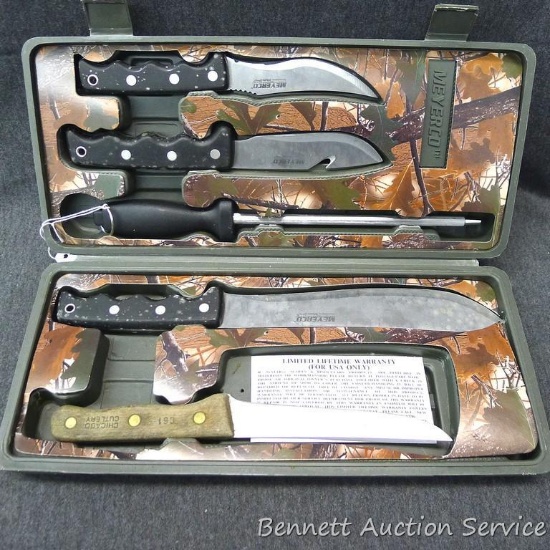 Meyerco knives and steel in plastic carry case. Largest knife is 12-1/2". One Chicago Cutlery knife.