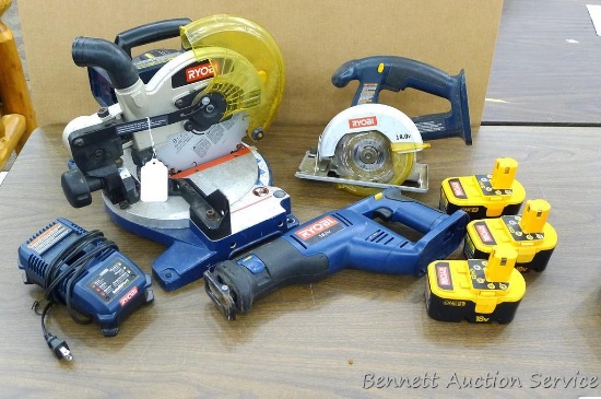 Ryobi power tool set includes 18v chop saw, circular saw, and reciprocating saw. All tools run. Also