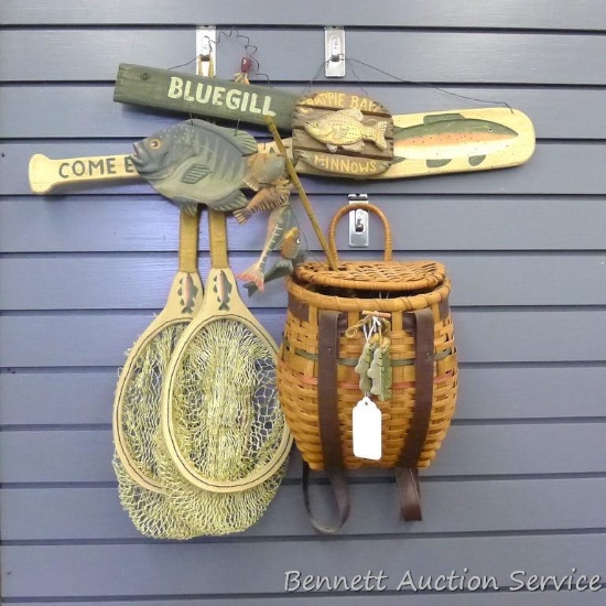 Fish signs, minnow basket and nets would look great on your cabin wall. Net sign is approx 24" x 25"