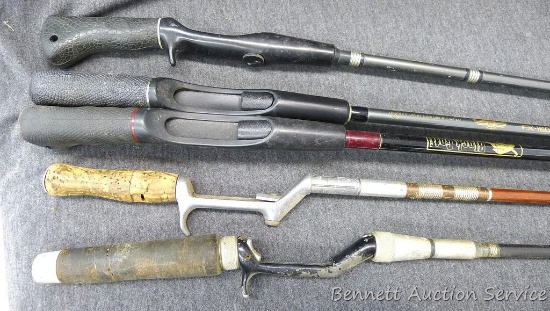 5 Fishing rods incl Shimano FX-1602-2A, Garcia?, 6'5" Black Cat and others. Eyelets look good.