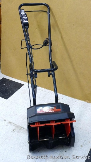 Electric Snow Fox snow blower is 12" x 18" x 33" tall at handle, runs. Looks new.