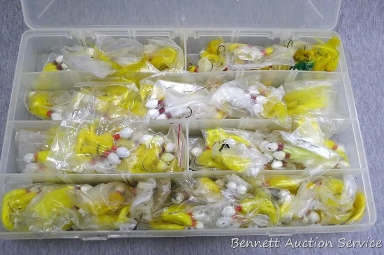 Plano lure box, 14" x 8-1/2" x 2", filled with new fishing baits, assorted colors incl white,