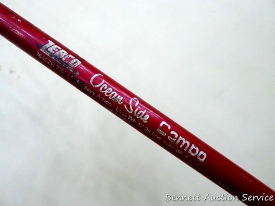 Zebco Ocean Side Compo fishing rod is about 90" long. Eyes look to be in good condition.