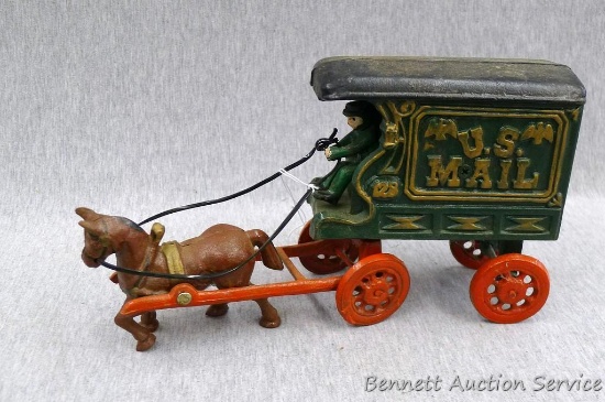 Cast iron Postal Mail wagon and horse measures approx 3" x 6" x 11" overall. Looks to be in nice