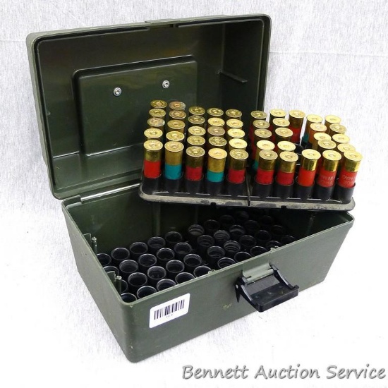 MTM 100 round shotshell storage box contains 12 gauge steel and lead shot. Box is about 12" x 7" x