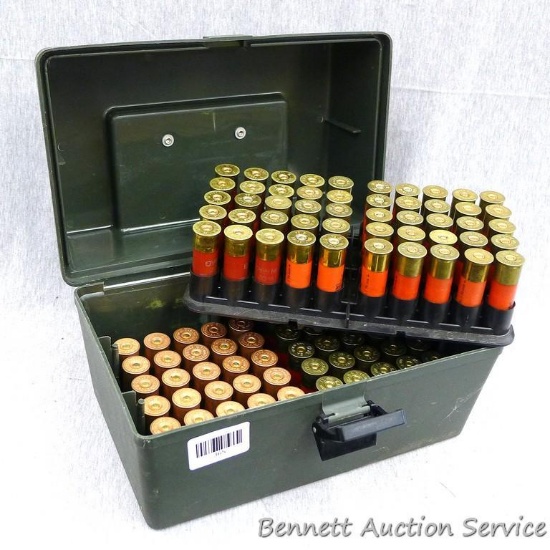 MTM 100 round shotshell storage box contains 12 gauge steel and lead shot. Box is about 12" x 7" x