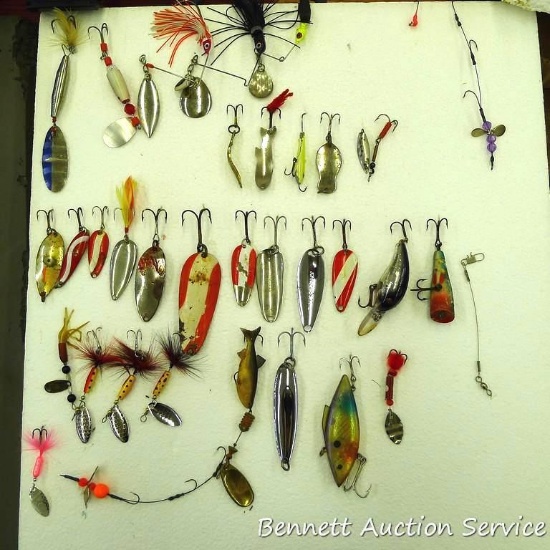 Fishing lures, spinners, and spoons include Johnson's Sprite, more. Longest is about 6" long.