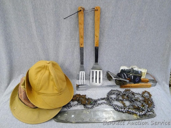 Barbecue set, two hats, used 18" chainsaw bar, used chainsaw chain, more.