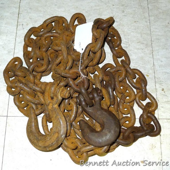 3/8" chain is about 12' long. Grab hook on one end, slip hook on the other. No repairs noted.
