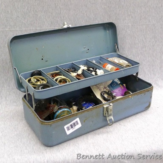 My Buddy metal fishing tackle box filled with rubber gaskets, O-rings, and more. Measures 15" x 7" x