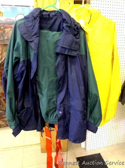Gander Mountain jacket and pants, and an XL rain suit. Gander Mountain pants are XXL tall and jacket