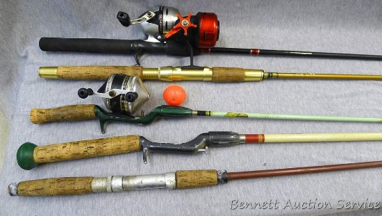 5 Fishing poles, some are 2 piece, reels included are Zebco 33 reel, Shakespeare and Garcia. Longest