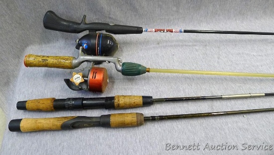 4 Fishing poles, one is a 2 piece, reels included Shaker and Holiday. Longest is 64".