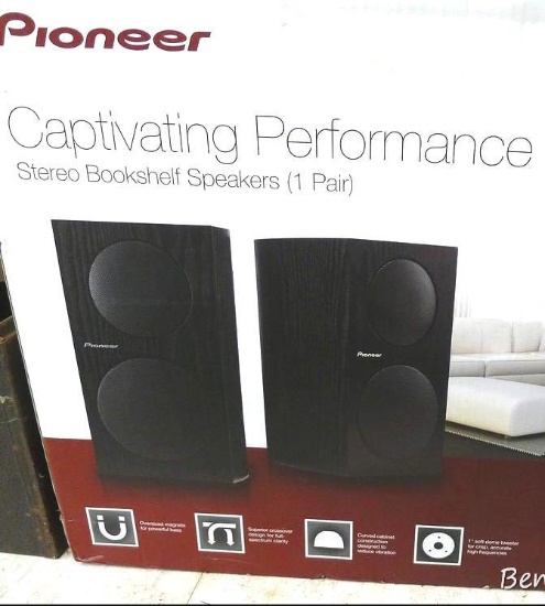 Pair of Pioneer bookshelf speakers, appear NIB. Speakers are 8-1/2" x 7" x 12" tall.