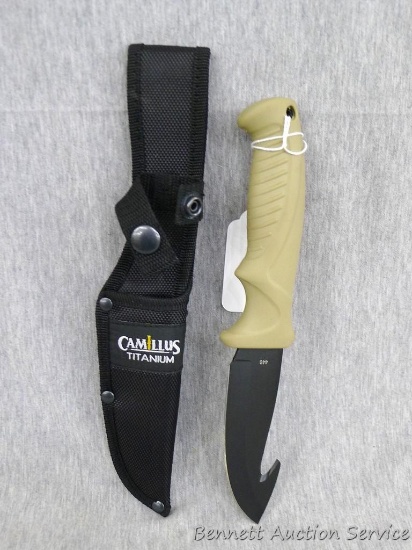 Camillus Titanium skinning knife with sheath is about 9-1/2" long. Brand new.