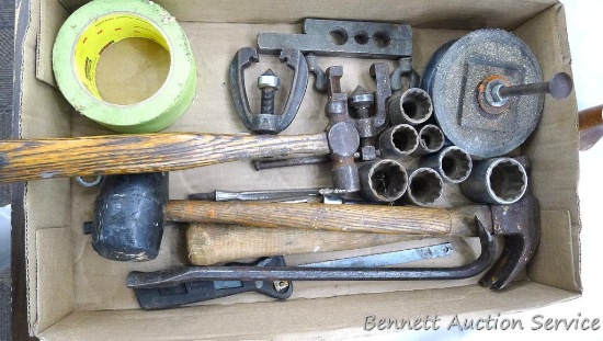 Claw hammer, ball peen hammer, rubber mallet, crow bar, a few 12 point sockets from 3/4" - 1-1/4"