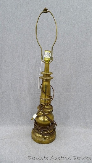 Heavy brass lamp measures 28" x 6" diameter; untested.