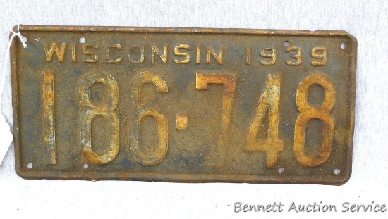 Wisconsin 1939 license plate; measures 13-1/2" 6".