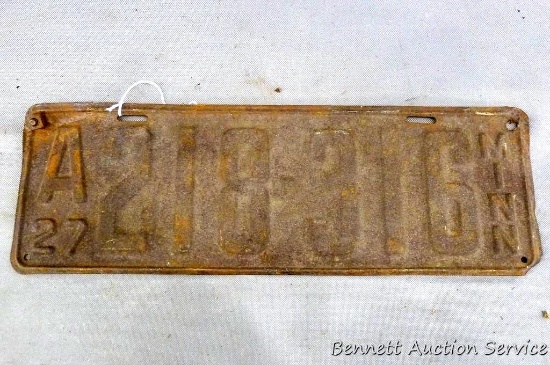 Minnesota license plate from 1927; measures 16" x 5-1/2".