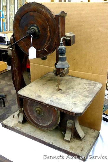 Intriguing wooden table top band saw stands 3' tall. Restore it or display it.