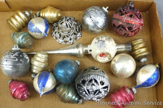 Several vintage Christmas ornaments and a tree topper. Topper is about 10-1/2" tall.