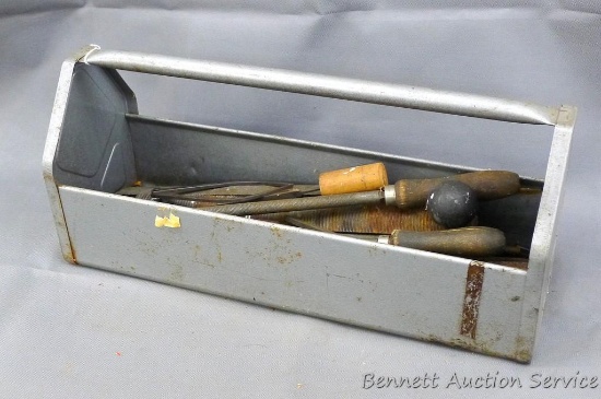 Metal tool caddy holds rasps and files. Box is about 18" x 6" x 8". Minor amount of rust noted.