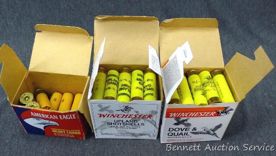 Two boxes 20 gauge low brass shot shells, partial box 20 gauge high brass shot shells.