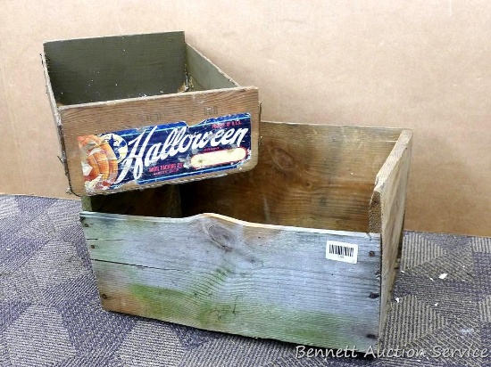 Halloween brand pumpkin crate and one other crate, largest is about 19" x 13" x 10-1/2". One board