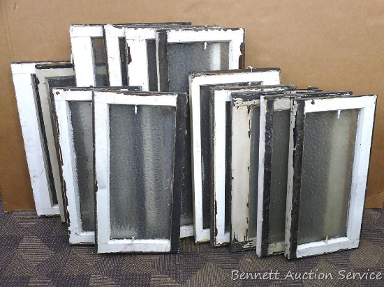 13 vintage windows have patterned glass. Measure approx 13" - 14" wide; and about 25" - 26", 28",