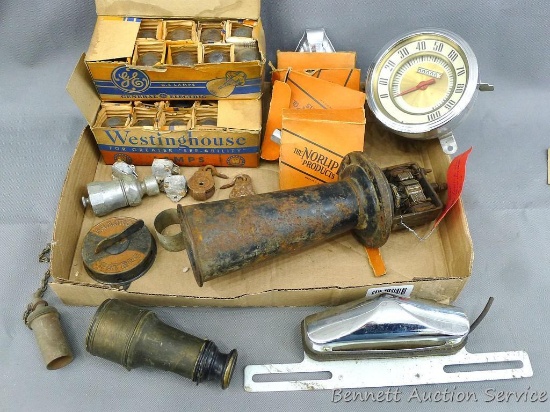 Vintage GE and Weston House lightbulbs, universal chromed radiator caps, universal license plate