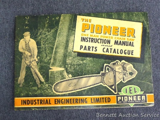 Instruction manual and parts catalog for antique IEL Pioneer chainsaw.