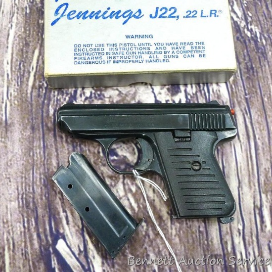 Bryco Jennings J-22 pistol with two magazines and original box. Seller says that pistol fails to
